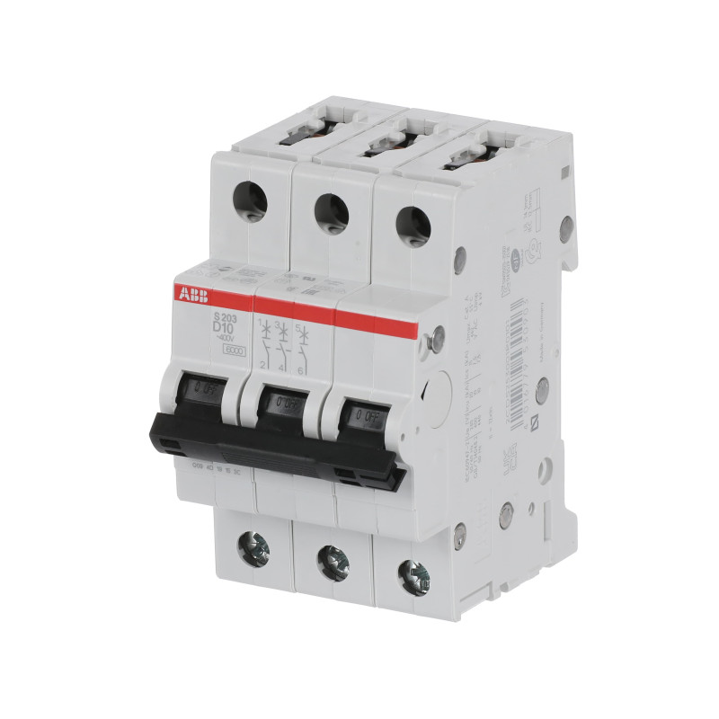 S203 D10 - Disjoncteur triphasé ABB 10A - 3P - Courbe D - 6/10kA - Bornes à vis - 2CDS253001R0101 - 352361