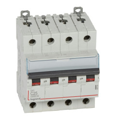 407930 Legrand DX3 - Disjoncteur tétrapolaire 25A 4P C25 6000A/10kA - 400V - Bornes à vis - 4 modules