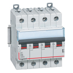 408143 Legrand DX3 - Disjoncteur tétrapolaire 6A 4P D6 6000A/10kA - Courbe D - 400V - À vis - 4 modules