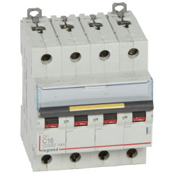 409355 Legrand DX3 - Disjoncteur tétrapolaire 16A 4P C16 10000A/16kA - 400V - Courbe C - À vis - 4 modules