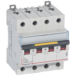 409360 Legrand DX3 - Disjoncteur tétrapolaire 50A 4P C50 10000A/16kA - 400V - Courbe C - À vis - 4 modules