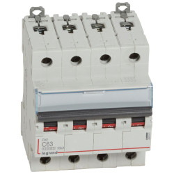 409361 Legrand DX3 - Disjoncteur tétrapolaire 63A 4P C63 10000A/16kA - 400V - Courbe C - À vis - 4 modules