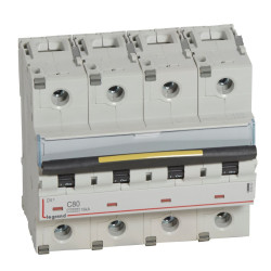409362 Legrand DX3 - Disjoncteur tétrapolaire 80A 4P C80 10000A/16kA - 400V - Courbe C - À vis - 6 modules