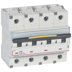 409540 Legrand DX3 - Disjoncteur tétrapolaire 80A 4P D80 10000A/16kA - 400V - Courbe D - À vis - 6 modules