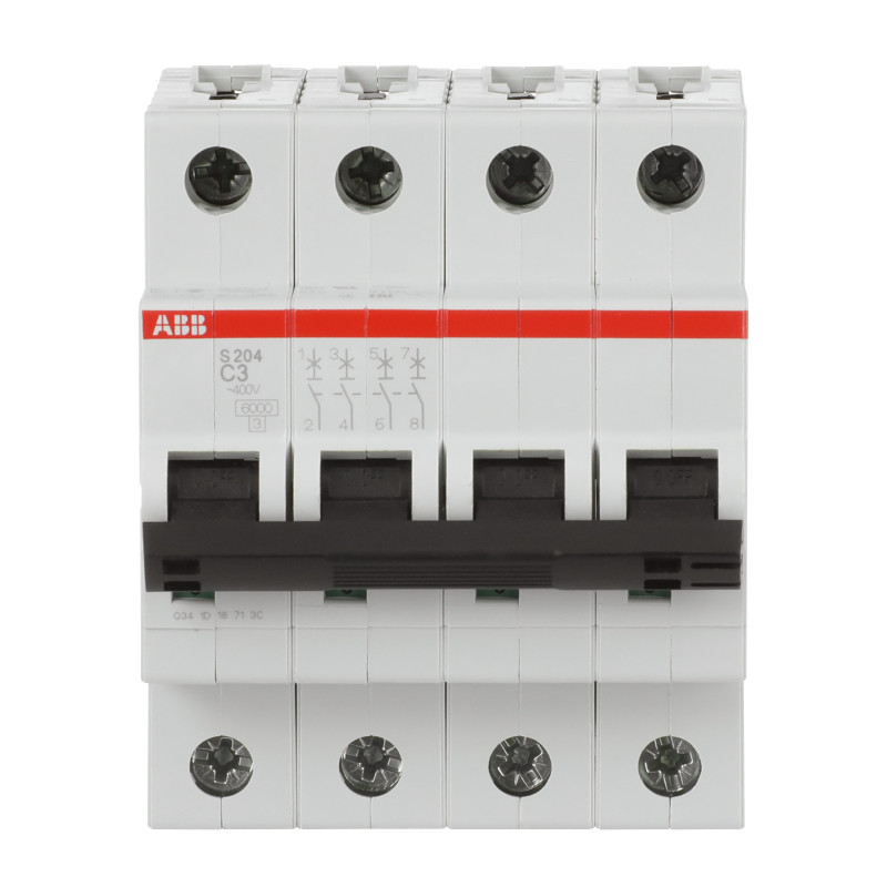 S204 C3 - Disjoncteur tétrapolaire ABB 3A - 4P - Courbe C - 6/10kA - Bornes à vis - 2CDS254001R0034 - 352431