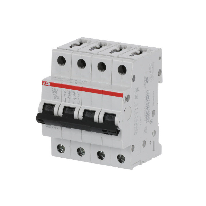 S204 D10 - Disjoncteur tétrapolaire ABB 10A - 4P - Courbe D - 6/10kA - Bornes à vis - 2CDS254001R0101 - 352461