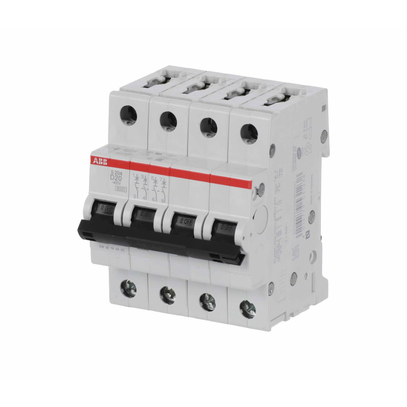 S204 D20 - Disjoncteur tétrapolaire ABB 20A - 4P - Courbe D - 6/10kA - Bornes à vis - 2CDS254001R0201 - 352464