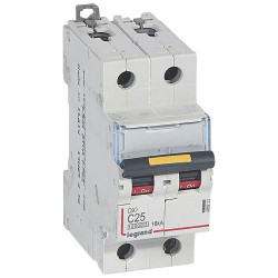 409223 Legrand DX3 - Disjoncteur bipolaire 25A 2P C25 10000A/16kA - 230V - Courbe C - À vis - 2 modules