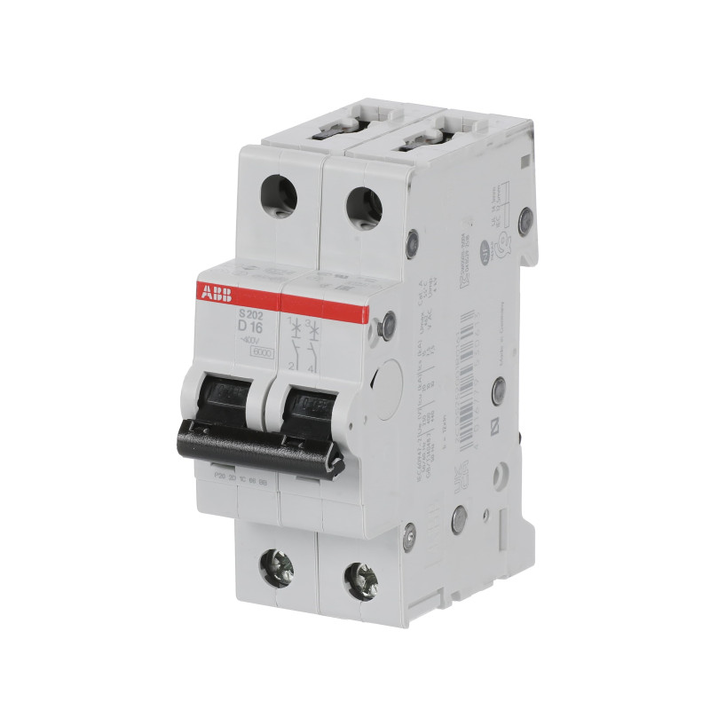 S202 D16 - Disjoncteur bipolaire ABB 16A - 2P - Courbe D - 6/10kA - Bornes à vis - 2CDS252001R0161 - 352263
